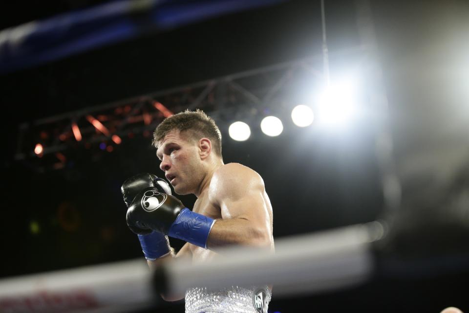 Ukraine's Sergiy Derevyanchenko during the fourth round of a IBF middleweight championship match against Daniel Jacobs Saturday, Oct. 27, 2018, in New York. Jacobs won the fight. (AP Photo/Frank Franklin II)