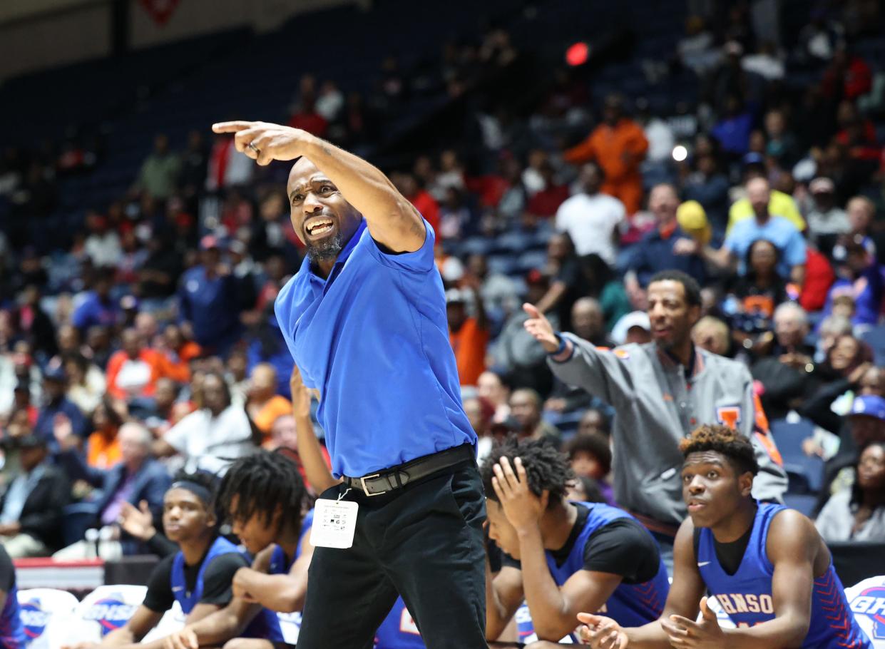 Johnson coach Chuck Campbell argues a call with the official on Friday, March 8, 2024 during the 3A state championship game at the Macon Coliseum in Macon, Ga.