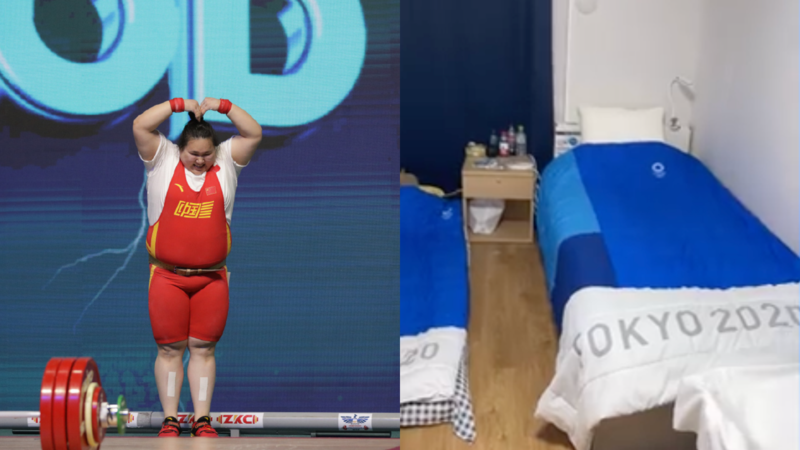 中國大陸150公斤舉重選手，被網友問睡紙板床是否安全舒適。（翻攝自舉重李雯雯 微博）
