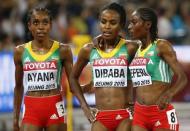 Ethiopia's Almaz Ayana, Genzebe Dibaba and Sebere Teferi (L-R) after finishing first, third and second respectively in the women's 5,000 metres final during the 15th IAAF World Championships at the National Stadium in Beijing, China August 30, 2015. REUTERS/Damir Sagolj