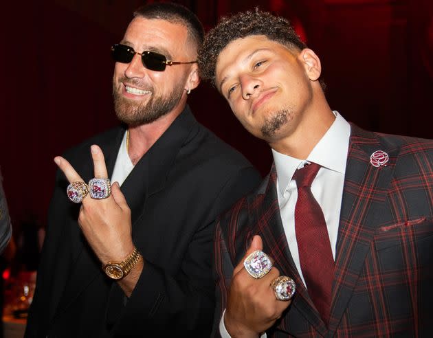 Travis Kelce, left, and his teammate Patrick Mahomes are seen at last year's Super Bowl ring ceremony.