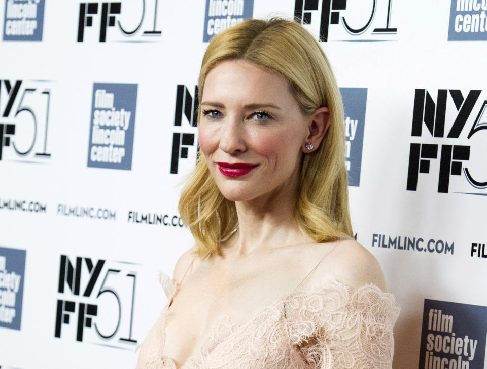 FILE - This Oct. 2, 2013 file photo shows Cate Blanchett at the New York Film Festival Gala Tribute held in her honor in New York. Blanchett was nominated for an Academy Award for best actress on Thursday, Jan. 16, 2014, for her role in "Blue Jasmine." The 86th Academy Awards will be held on March 2. (Photo by Charles Sykes/Invision/AP, File)