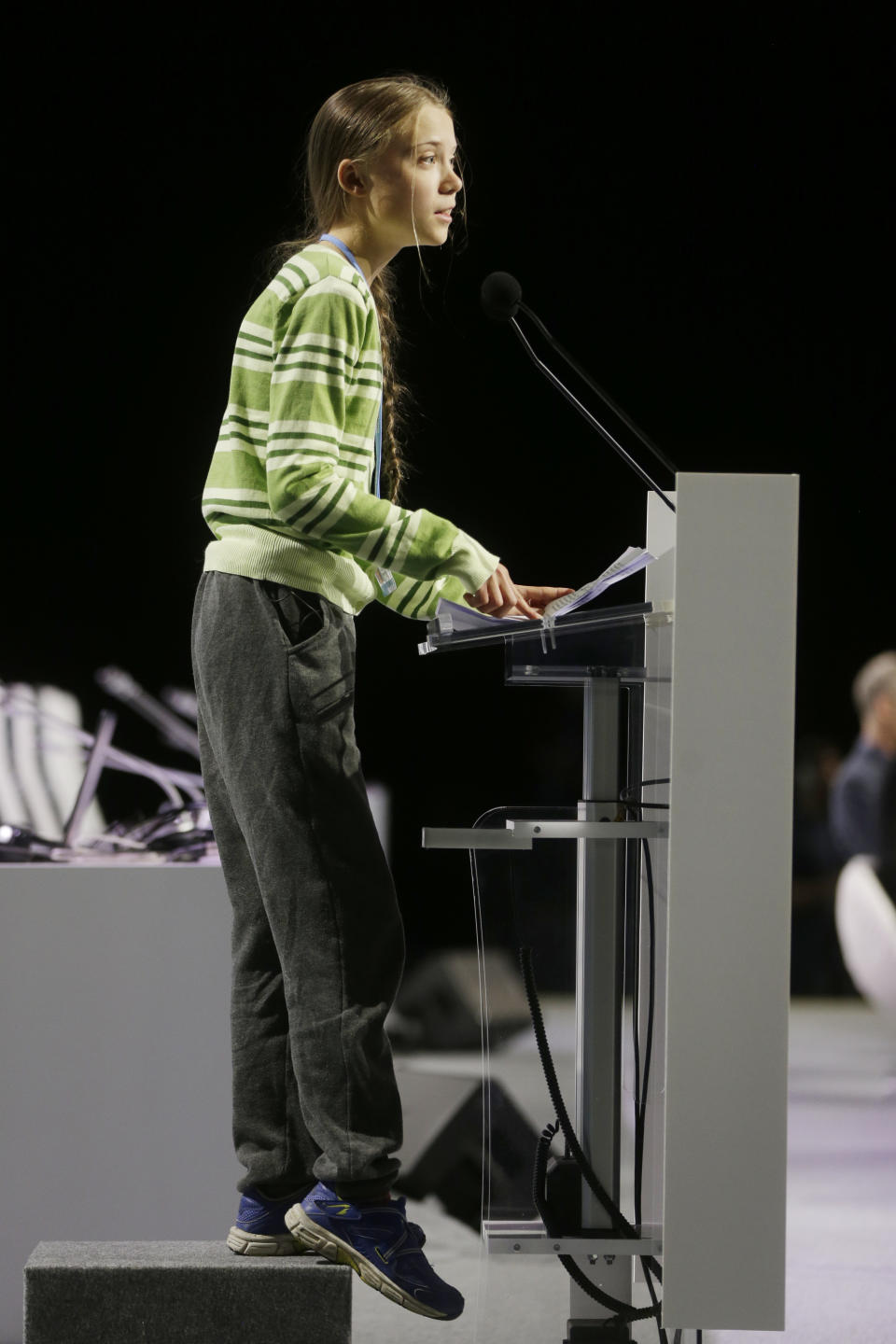Swedish climate activist Greta Thunberg addresses plenary of U.N. climate conference during with a meeting with leading climate scientists at the COP25 summit in Madrid, Spain, Wednesday, Dec. 11, 2019. Thunberg is in Madrid where a global U.N.-sponsored climate change conference is taking place. (AP Photo/Paul White)