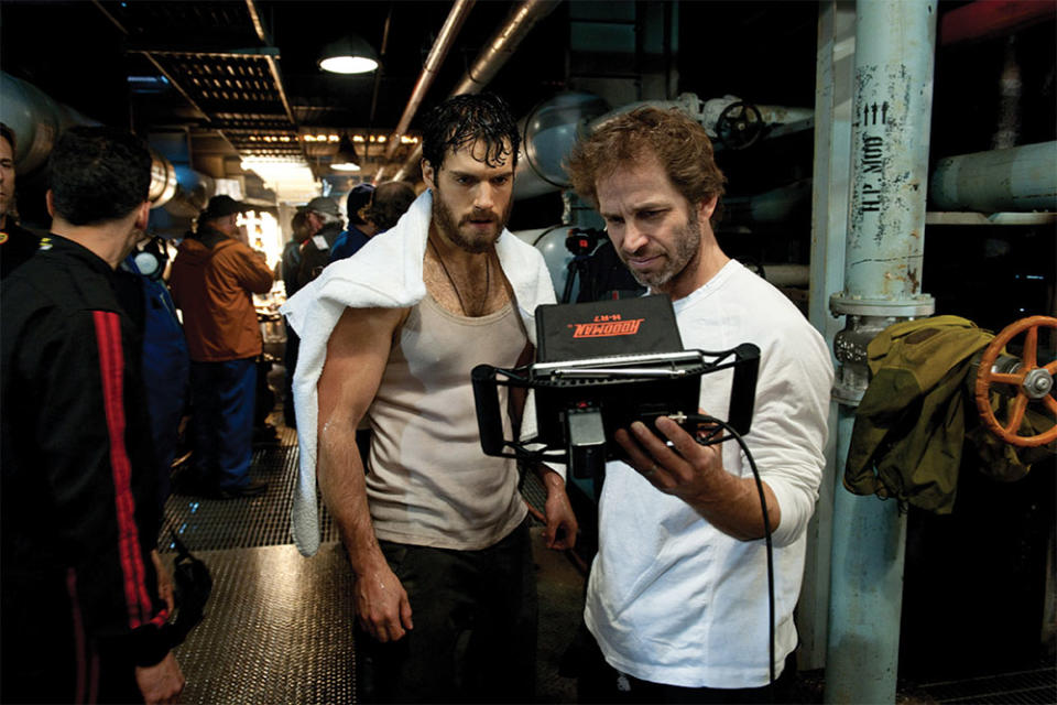 Henry Cavill left, as Superman, with Snyder on the set of 2013’s Man of Steel