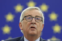 European Commission President Jean-Claude Juncker delivers his speech at the European Parliament Tuesday, Oct. 22, 2019 in Strasbourg, eastern France. Britain faces another week of political gridlock after British lawmakers on Monday denied Prime Minister Boris Johnson a chance to hold a vote on the Brexit divorce bill agreed in Brussels last Thursday. (AP Photo/Jean-Francois Badias)