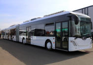 The multi-unit vehicle with rubber tires is more than 30 meters long and has a capacity of 256 passengers.