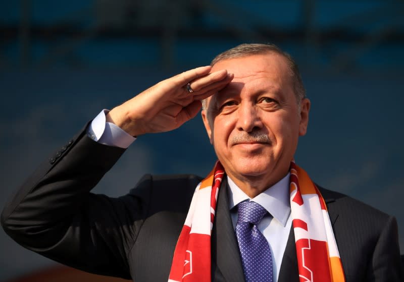 Turkish President Erdogan salutes during a gathering in Kayseri