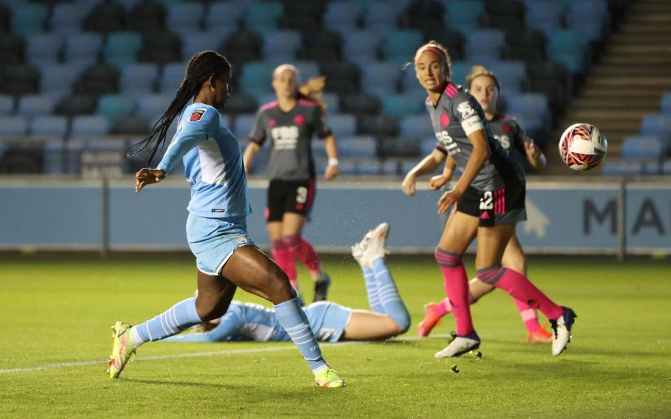 Manchester City v Leicester City - Manchester City Academy Stadium, Manchester, Britain - September 29, 2021 Manchester City's Khadija Shaw scores their first goal - ACTION IMAGES