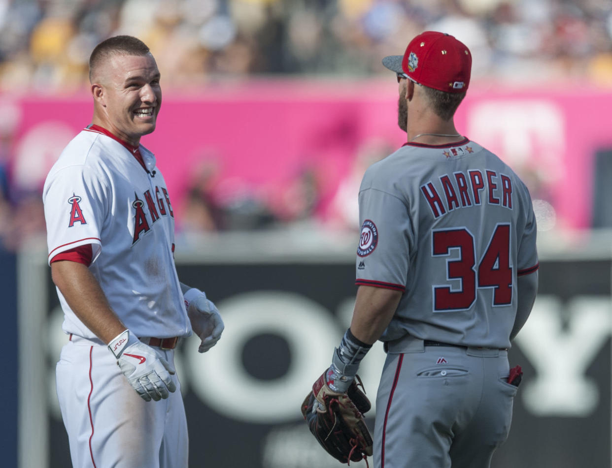 SAN DIEGO, CA - JULY 12: The Angels' Mike Trout jokes around with the Nationals' Bryce Harper during the 2016 MLB All-Star Game at Petco Park in San Diego on Tuesday.    ///ADDITIONAL INFO:       allstar.0713.kjs  ---  Photo by KEVIN SULLIVAN / Orange County Register  -- 7/12/16    The 2016 MLB All-Star Game at Petco Park in San Diego.    (Photo by Kevin Sullivan/Digital First Media/Orange County Register via Getty Images)