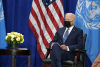 President Joe Biden meets with United Nations Secretary General Antonio Guterres at the Intercontinental Barclay Hotel during the United Nations General Assembly, Monday, Sept. 20, 2021, in New York. (AP Photo/Evan Vucci)