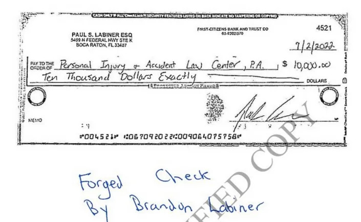 A lawsuit by Paul Labiner claims his son, Brandon Labiner, forged Paul&#x002019;s name on this check.