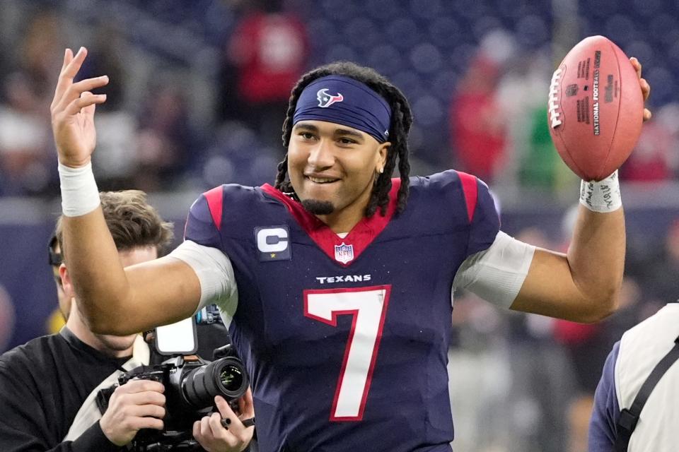 Houston Texans quarterback C.J. Stroud celebrates after their win against the Cleveland Browns in an NFL wild-card playoff football game Saturday, Jan. 13, 2024, in Houston. (AP Photo/David J. Phillip)