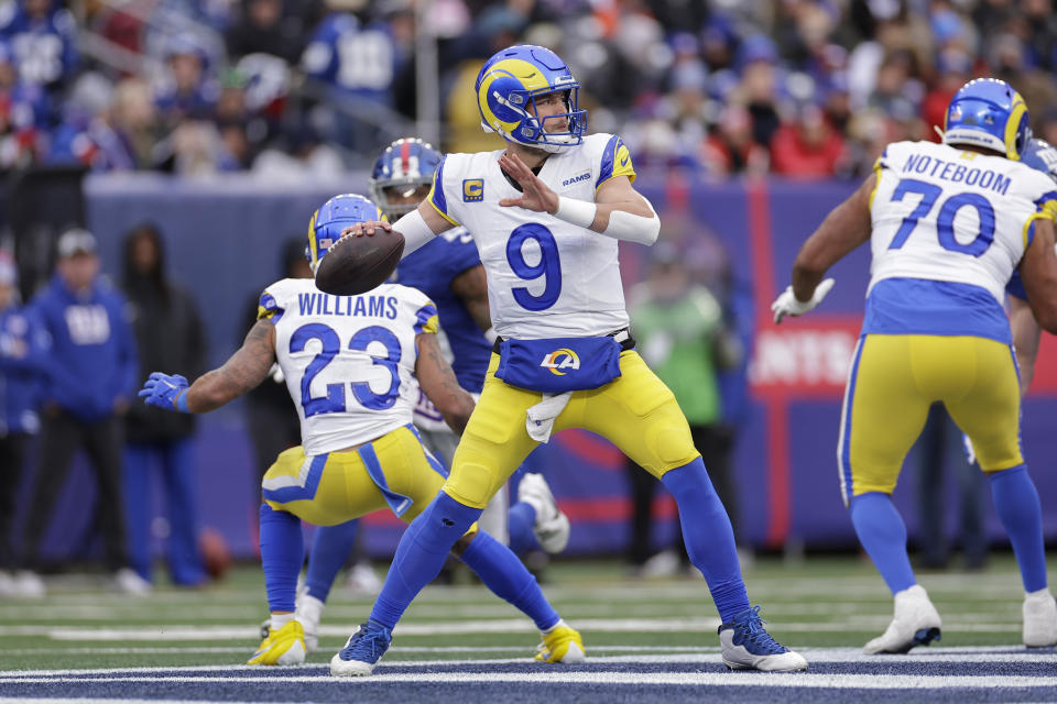 Los Angeles Rams quarterback Matthew Stafford (9) throws during the first half an NFL football game against the New York Giants, Sunday, Dec. 31, 2023, in East Rutherford, N.J. (AP Photo/Adam Hunger)