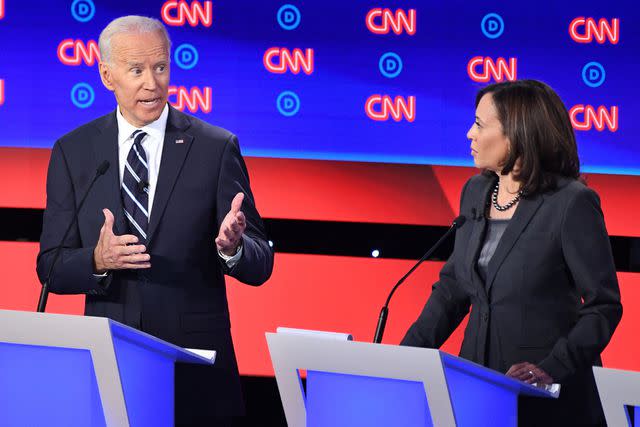 JIM WATSON/AFP/Getty Images Joe Biden and Kamala Harris during a Democratic primary debate in the 2020 election cycle