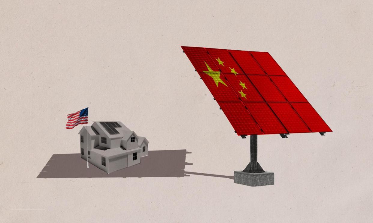 <span>The US is mired in a trade war with China, which is flooding the market with artificially cheap solar panels that carry an uncomfortably large carbon footprint and threaten to obliterate the domestic industry.</span><span>Composite: The Guardian/Getty Images</span>