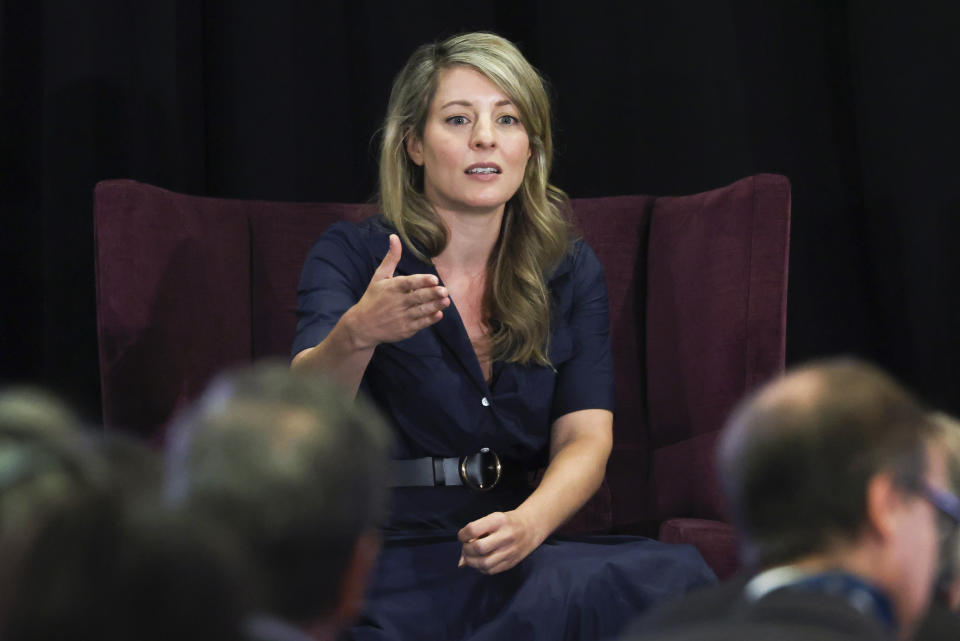 Canada's Minister of Foreign Affairs Melanie Joly speaks during a meeting with U.S. Secretary of State Antony Blinken as the Summit of the Americas continues in Los Angeles, Wednesday, June 8, 2022. (Mike Blake/Pool via AP)