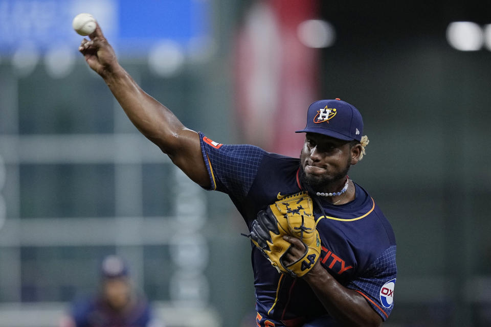 Houston Astros starting pitcher Ronel Blanco delivers during the first inning of a baseball game against the Toronto Blue Jays, Monday, April 1, 2024, in Houston. (AP Photo/Kevin M. Cox)