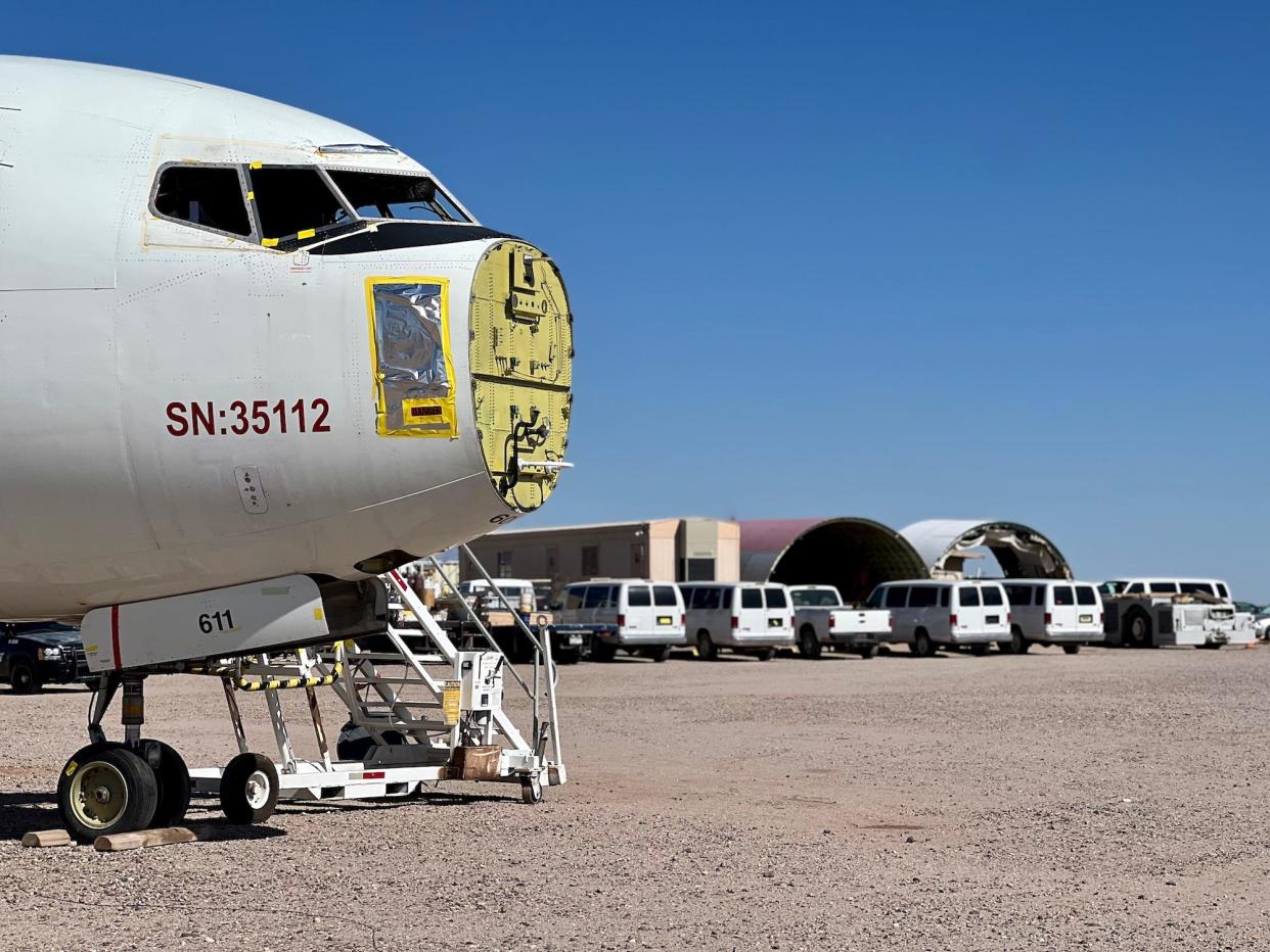 An aircraft without its nose cone at Pinal Airpark in Arizona.