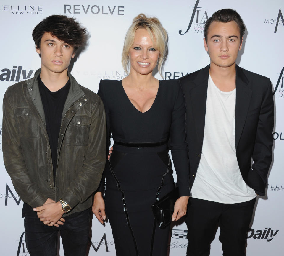 Pamela Anderson, son Dylan Lee (L) and son Brandon Lee (Jon Kopaloff / FilmMagic)