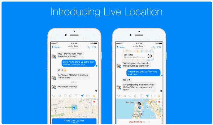 Facebook Messenger中可以分享實時位置，但只能持續一小時