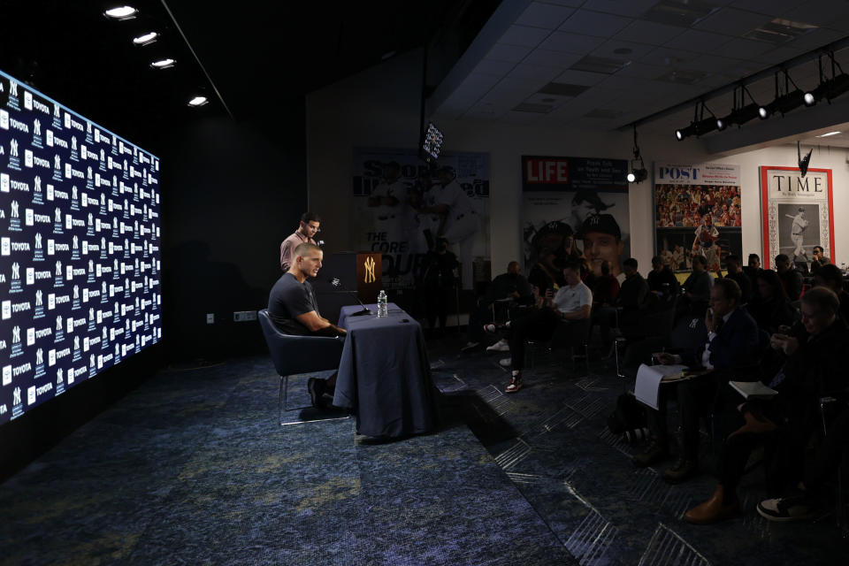 New York Yankees' Anthony Rizzo speaks to reporters on Thursday, April 7, 2022, in New York. The Yankees will face the Boston Red Sox in a baseball game on Friday. (AP Photo/Adam Hunger)