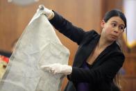 Jessica Robidoux, an investigator from the Massachusetts State Police crime scene response unit, holds up for the jury a piece of mattress backing, taken as evidence from the home of former New England Patriots player Aaron Hernandez, at his murder trial at Bristol County Superior Court, in Fall River, Massachusetts February 24, 2015. Hernandez is accused of the murder of Odin Lloyd in June 2013. REUTERS/Brian Snyder (UNITED STATES - Tags: CRIME LAW SPORT FOOTBALL)