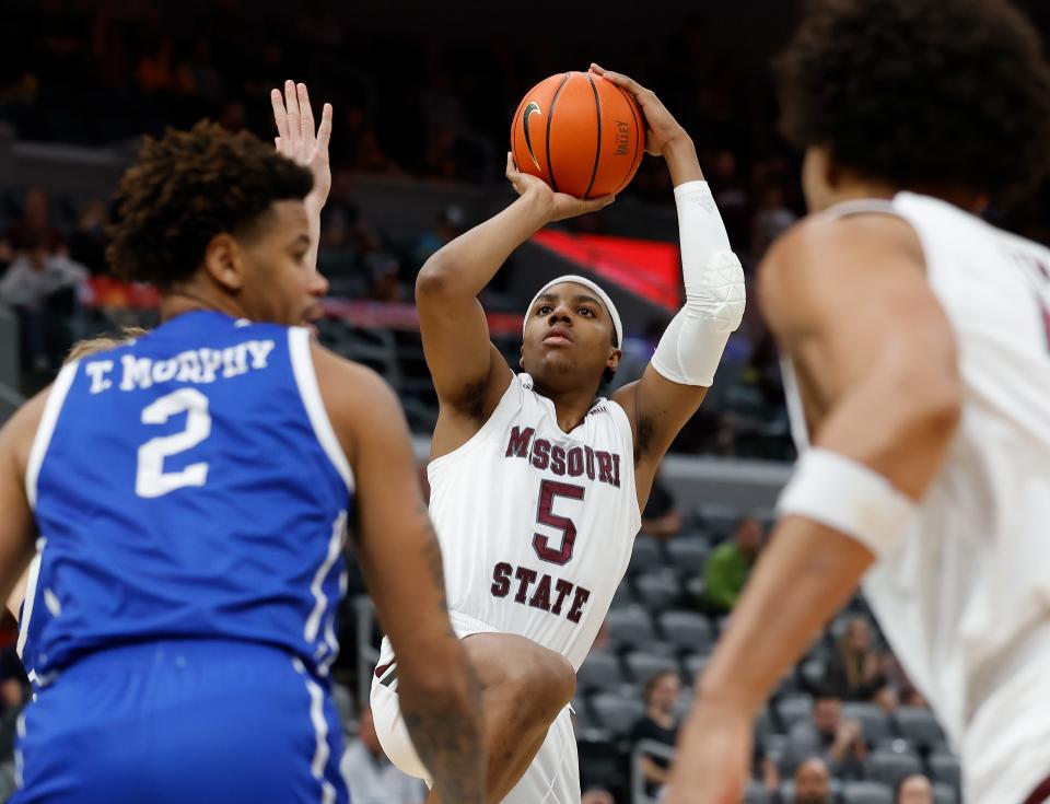 Missouri State guard Donovan Clay (5) puts up a shot during a semifinal game against Drake in the Missouri Valley Conference Tournament, Saturday, March 5, 2022, at Enterprise Center in St. Louis. 