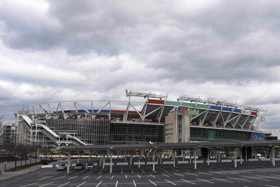 FILE -FedEx Field is seen in this general view prior to an NFL football game between the Seattle Seahawks and the Washington Football Team, Monday, Nov. 29, 2021, in Landover, Md. A person with knowledge of the situation tells The Associated Press the Washington Commanders have bought land in Virginia for what could be a potential site of the NFL team’s next stadium. The 200 acres of land purchased for approximately $100 million is in Woodbridge roughly 25 miles outside the District of Columbia. The Commanders’ lease at FedEx Field in Landover, Maryland, expires in 2027. (AP Photo/Mark Tenally, File)