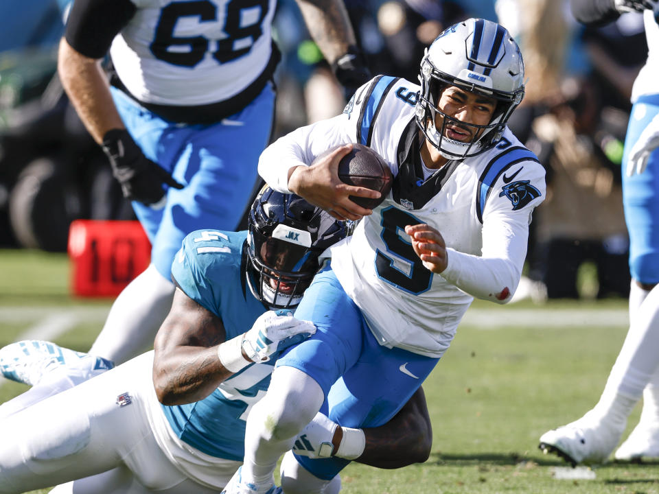 Carolina Panthers quarterback Bryce Young didn't have a lot of help during a chaotic rookie season, but he also showed some concerning habits on film. (Photo by Don Juan Moore/Getty Images)