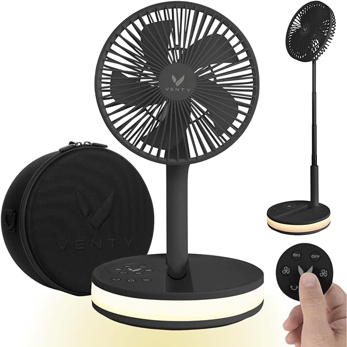 A black Venty portable fan shown with its black case