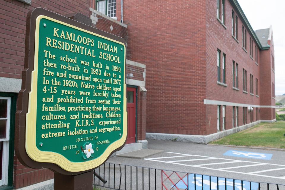 A plaque is seen outside of the former Kamloops Indian Residential School on Tk'emlups te Secwépemc First Nation in Kamloops, British Columbia, Canada on Thursday, May 27, 2021.