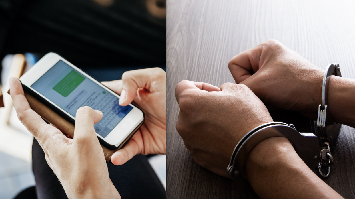 A composite image of a person using a phone text messaging and a person in handcuffs