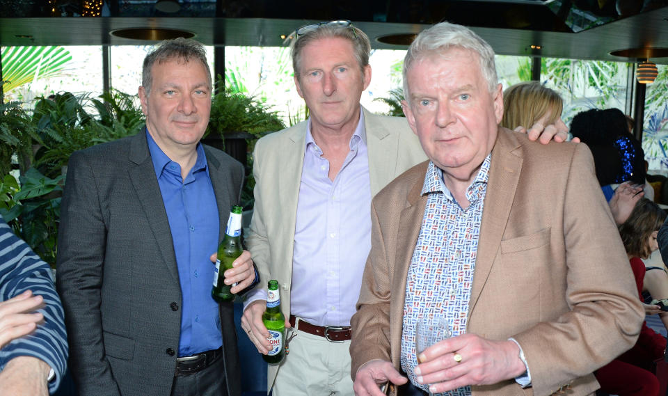 LONDON, ENGLAND - APRIL 19:  Jed Mercurio, Adrian Dunbar and John Motson attend the BAFTA TV Awards Nominees' Party at Mondrian London on April 19, 2018 in London, England.  (Photo by David M. Benett/Dave Benett/Getty Images for Mondrian London )