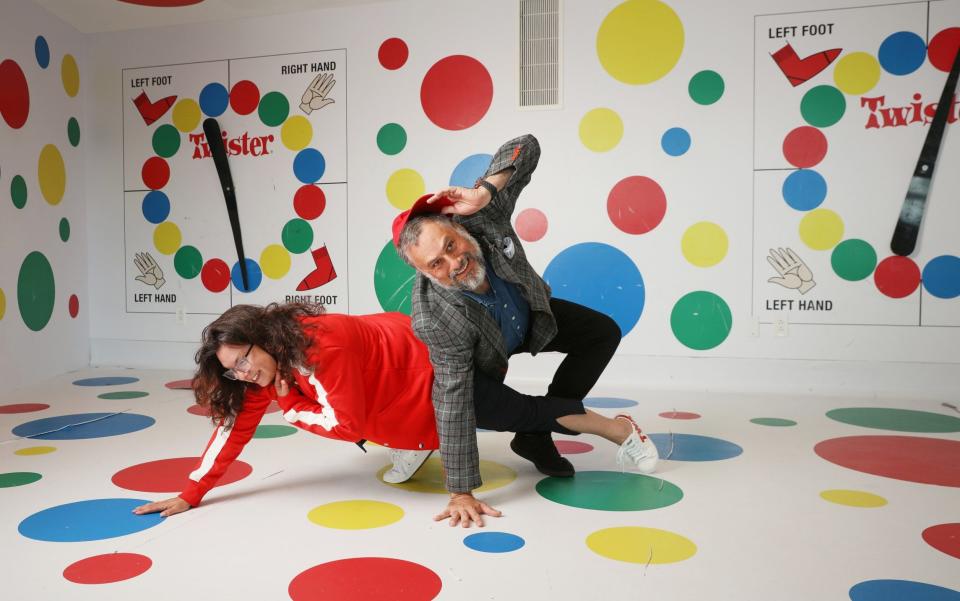 The TWA Hotel lobby boasts a life-sized Twister set