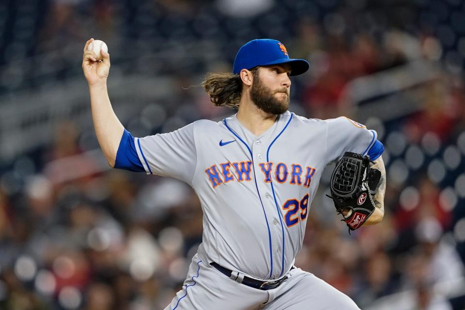 New York Mets relief pitcher Trevor Williams throws during the third inning of a baseball game against the Washington Nationals at Nationals Park, Wednesday, May 11, 2022, in Washington.