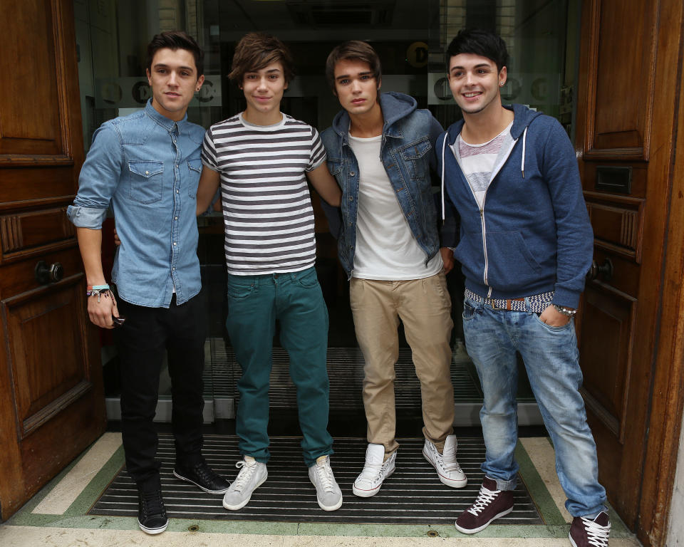 LONDON, UNITED KINGDOM - OCTOBER 01: X-Factor 2012 contestants Jamie Hamblett, George Shelley, Josh Cuthbery and Jaymi Hensley of group Union J sighted at BBC Radio One studios on October 1, 2012 in London, England. (Photo by Neil Mockford/FilmMagic)