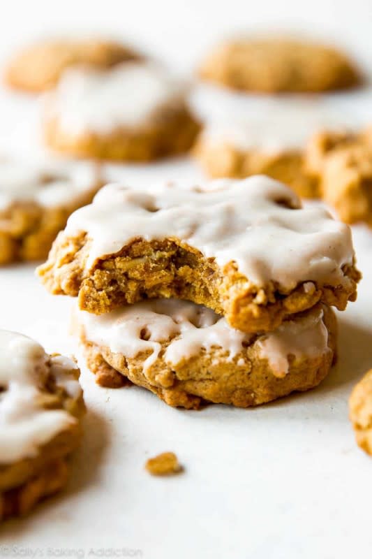 <p>Sally's Baking Addiction</p><p>These soft and chewy brown butter pumpkin oatmeal cookies are the perfect choice if you’re looking for a fun, flavorful and satisfying fall cookie recipe. </p><p><strong>Get the recipe: <em><a href="https://sallysbakingaddiction.com/brown-butter-pumpkin-oatmeal-cookies/" rel="nofollow noopener" target="_blank" data-ylk="slk:Brown Butter Pumpkin Oatmeal Cookies;elm:context_link;itc:0;sec:content-canvas" class="link rapid-noclick-resp">Brown Butter Pumpkin Oatmeal Cookies</a></em></strong></p>