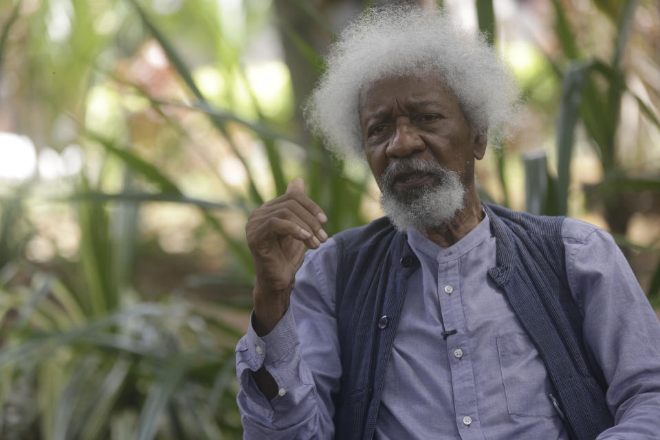 Nobel Laureate Wole Soyinka, speaks to The Associated Press during an interview at freedom park in Lagos, Nigeria, Thursday, Oct. 28, 2021. Wole Soyinka, Nigeria's Nobel-winning author, sees his country's many problems — misgoverning politicians, systemic corruption, violent extremists, and kidnapping bandits — yet he does not despair. At 87, he says Nigeria's youth may have the energy and the know-how to get the troubled country back on track. He says Nigeria needs a "brutal" soul-searching and a leader who will "take the bull by the horns" for things to improve. (AP Photo/Sunday Alamba)