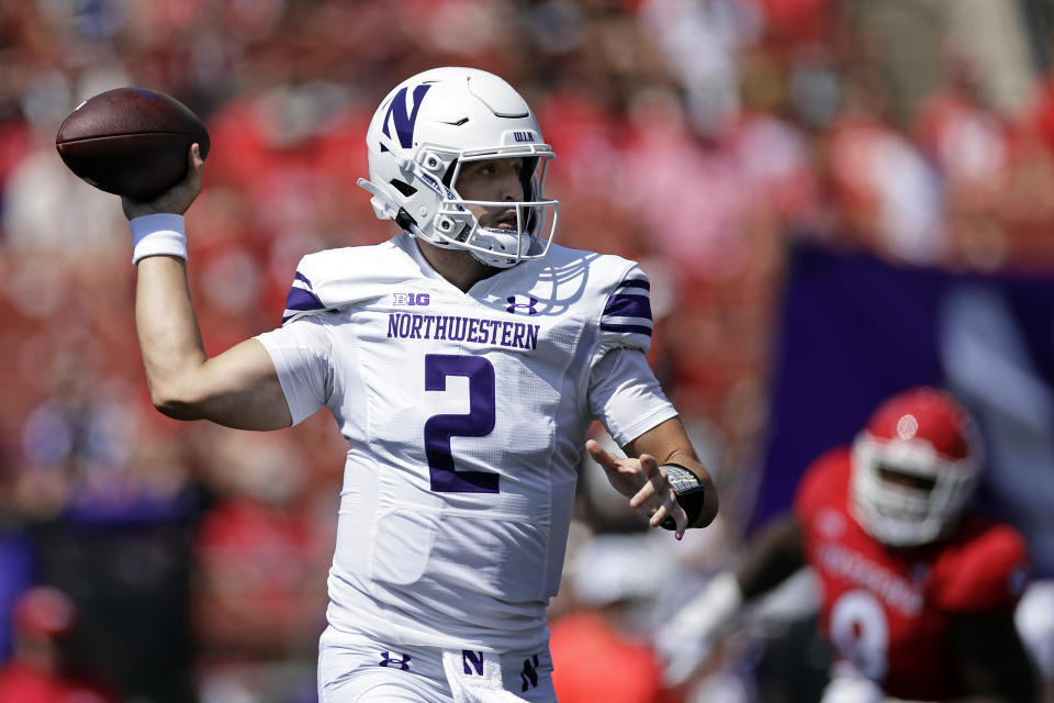 Northwestern quarterback Ben Bryant passes against Rutgers during the first half of an NCAA college football game, Sunday, Sept. 3, 2023, in Piscataway, N.J. (AP Photo/Adam Hunger)