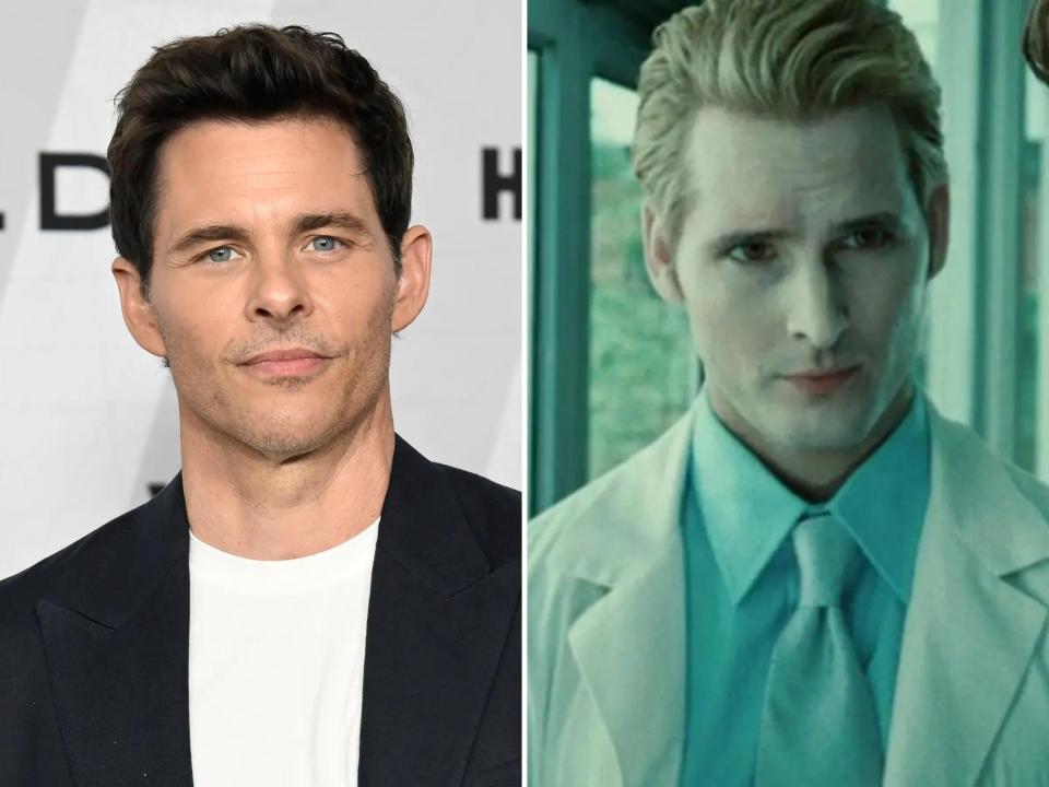 left: james marsden in a white shirt and black shirt; right: carlisle in twilight