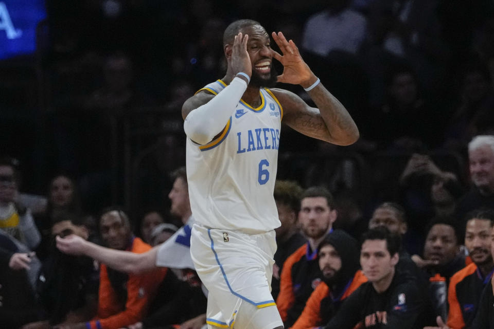 Los Angeles Lakers' LeBron James (6) reacts to a call during the second half of an NBA basketball game against the New York Knicks Tuesday, Jan. 31, 2023, in New York. (AP Photo/Frank Franklin II)