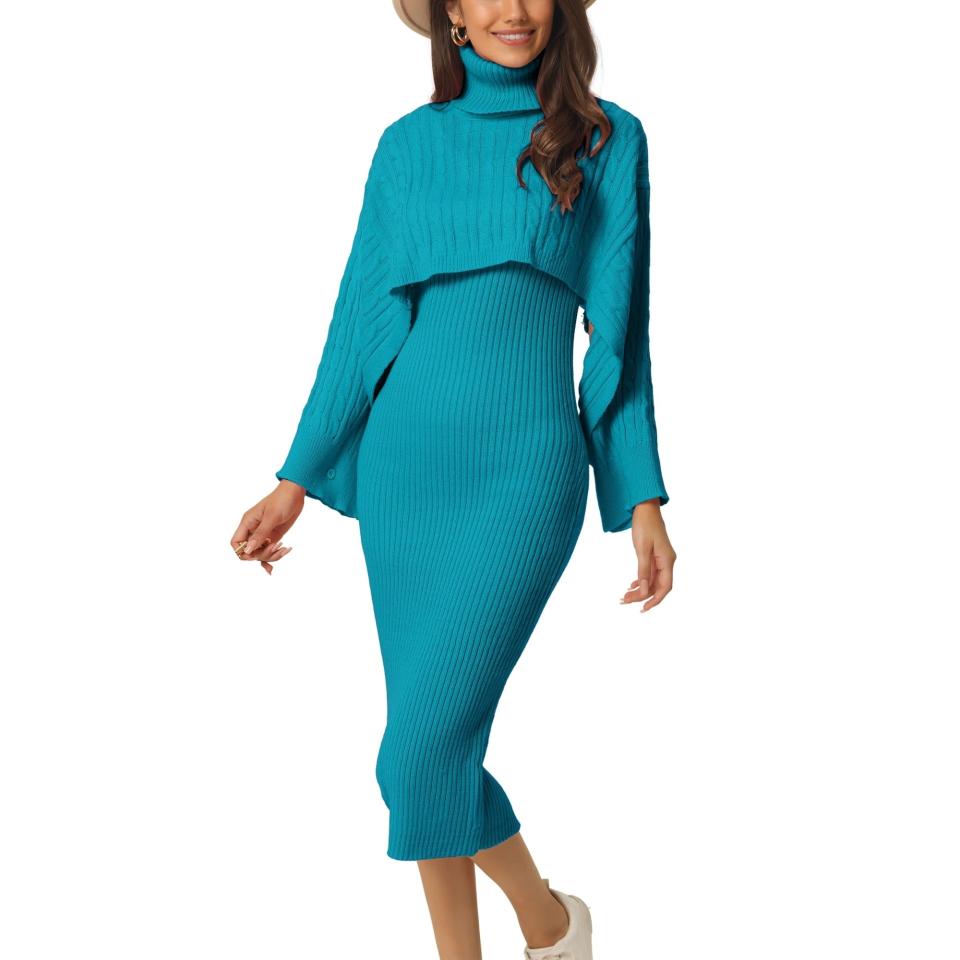 blue ribbed dress with sweater top on model