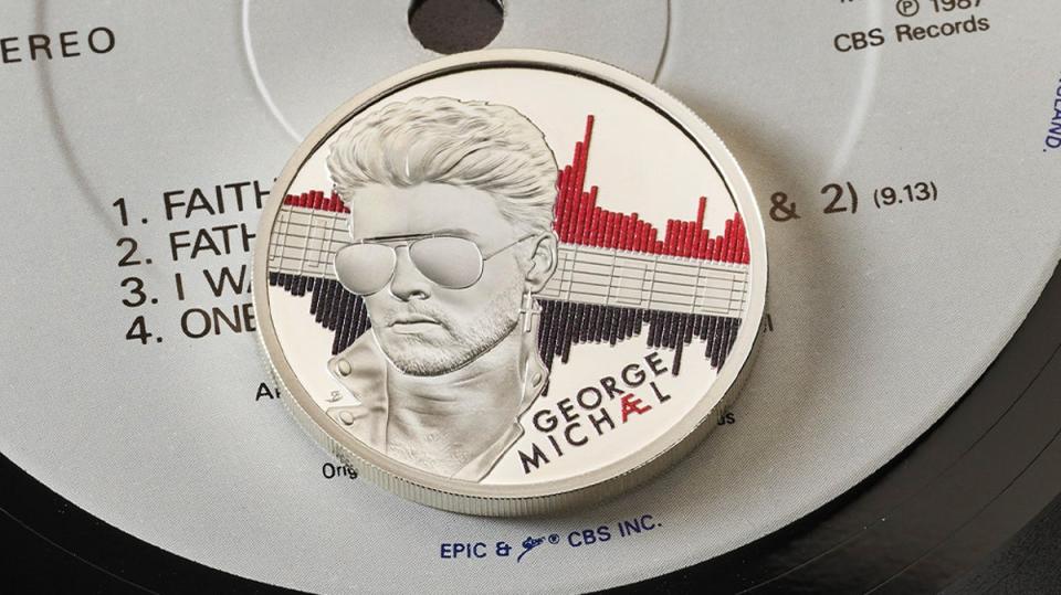 A close-up of the red and black design for the George Michael collector’s coin (PA)
