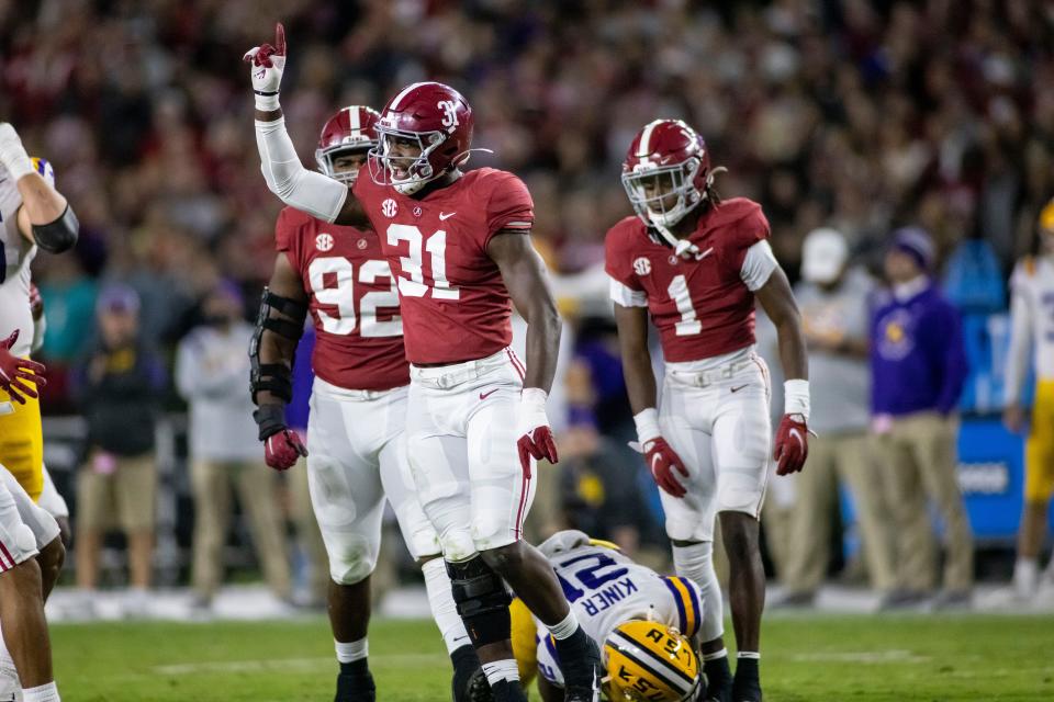 Alabama linebacker Will Anderson Jr. (31) celebrates a defensive stop against LSU during the first half of an NCAA college football game, Saturday, Nov. 6, 2021, in Tuscaloosa, Ala.