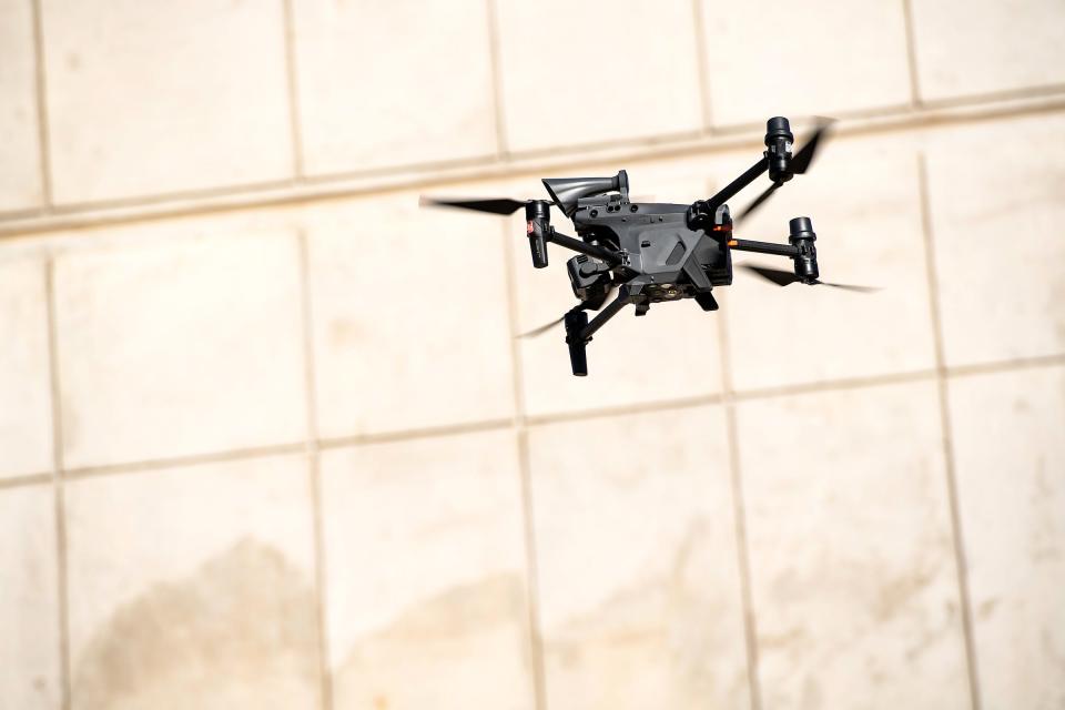 A DJI drone takes flight at the fire training center during a training in Fort Collins, Colo., on Friday, Dec. 23, 2023.