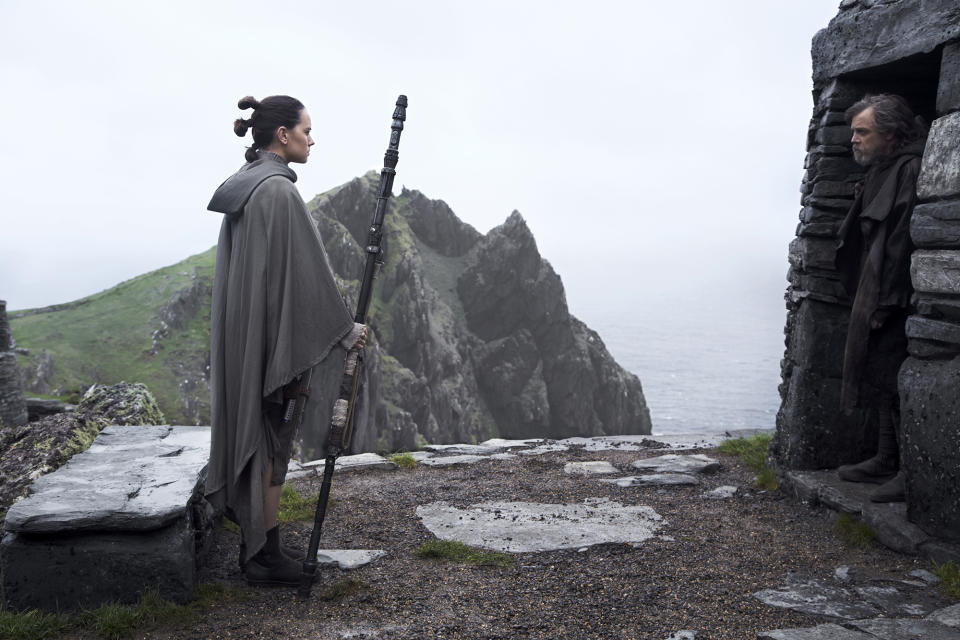 Rey (Daisy Ridley) and Luke (Mark Hamill) stand amid the ruins of the first Jedi temple on Ahch-To. (Photo: Lucasfilm)