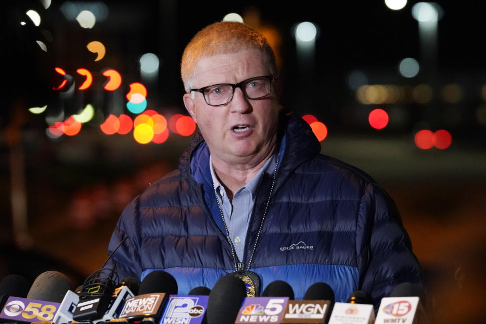 Wauwatosa Police chief Barry Weber speaks at a news conference, Friday, Nov. 20, 2020, in Wauwatosa, Wis. Multiple people were shot Friday afternoon at the Mayfair Mall in Wauwatosa, Wis., and police are still searching for the shooter. (AP Photo/Nam Y. Huh)