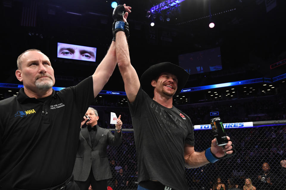 Donald Cerrone celebrates his TKO victory over Alexander Hernandez in their lightweight bout during the UFC Fight Night event at the Barclays Center on January 19, 2019 in the Brooklyn borough of New York City. (Getty Images)