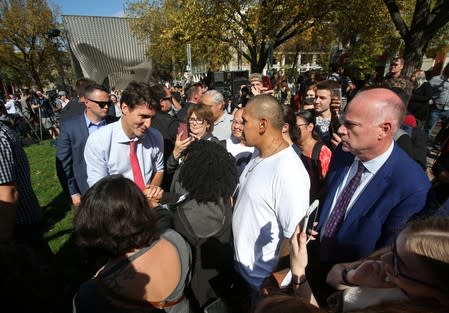 Canada's Prime Minister Justin Trudeau greets the people during an election campaign stop in Winnipeg