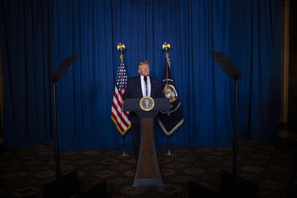 President Donald Trump delivers remarks on Iran, at his Mar-a-Lago property, Friday, Jan. 3, 2020, in Palm Beach, Fla. (AP Photo/ Evan Vucci)